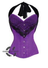 Purple Satin Black Net Halter Neck Gothic Burlesque Bustier Waist Training LONG Overbust Plus Size  Corset Costume