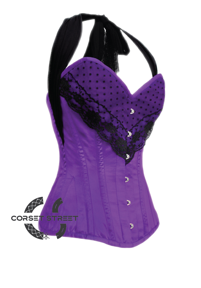 Purple Satin Black Net Halter Neck Gothic Burlesque Bustier Waist Training LONG Overbust Plus Size  Corset Costume