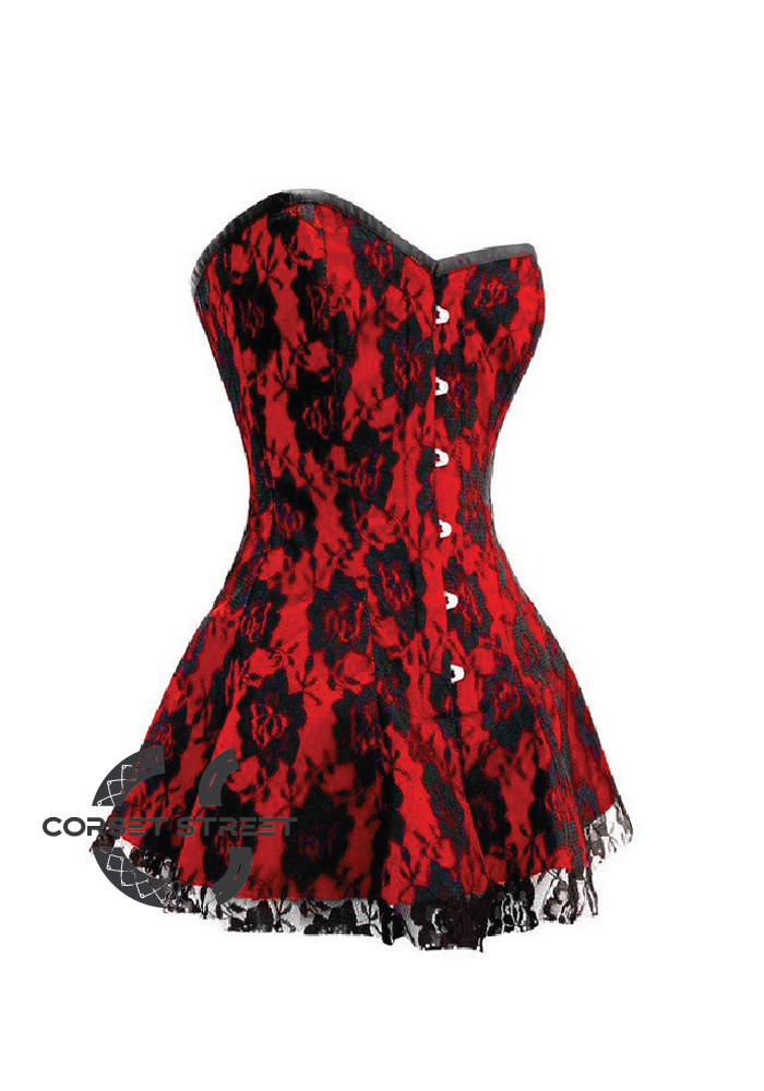 Red Satin Black Net Gothic Burlesque Bustier Waist Training Costume Overbust Plus Size Corset Dress