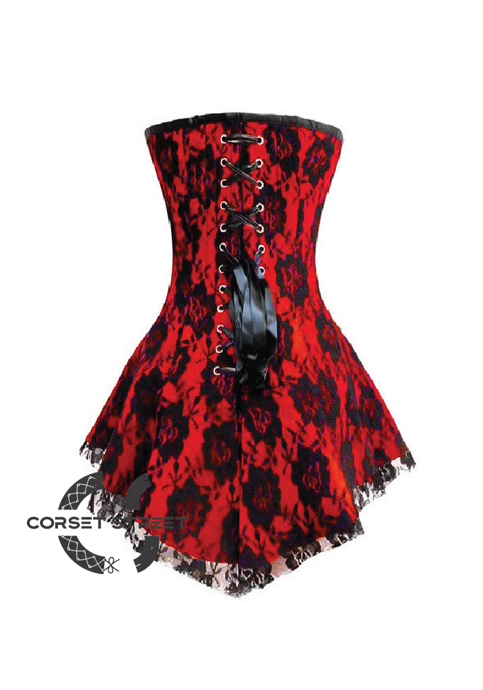 Red Satin Black Net Gothic Burlesque Bustier Waist Training Costume Overbust Plus Size Corset Dress
