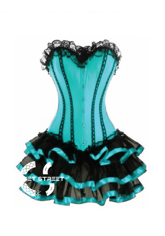 Baby Blue Satin Black Frill Tutu Skirt Gothic Burlesque Bustier Waist Training Costume Overbust Corset Dress