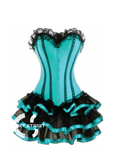 Baby Blue Satin Black Frill Tutu Skirt Gothic Burlesque Bustier Waist Training Costume Overbust Plus Size Corset Dress