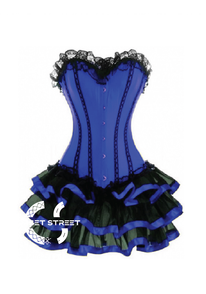 Blue Satin Black Frill Tutu Skirt Gothic Burlesque Bustier Waist Training Costume Overbust Plus Size Corset Dress