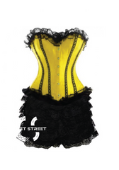 Yellow Satin Black Frill Tutu Skirt Gothic Burlesque Bustier Waist Training Costume Overbust Plus Size  Corset Dress