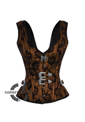 Brown Satin Net Covered Shoulder Strap Gothic Burlesque Bustier Waist Training Overbust Plus Size Corset Costume