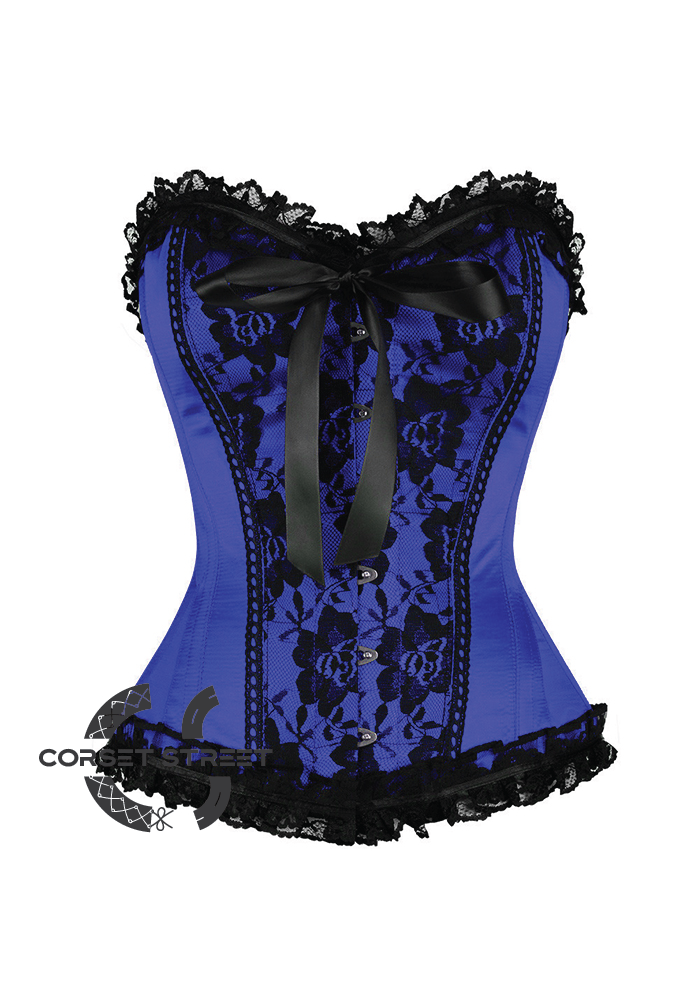 Blue Satin Black Frill N Net Gothic Burlesque Bustier Waist Training Overbust Plus Size Corset Costume