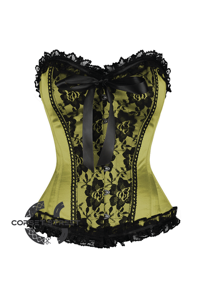 Olive Green Satin Black Frill N Net Gothic Burlesque Bustier Waist Training Overbust Plus Size Corset Costume