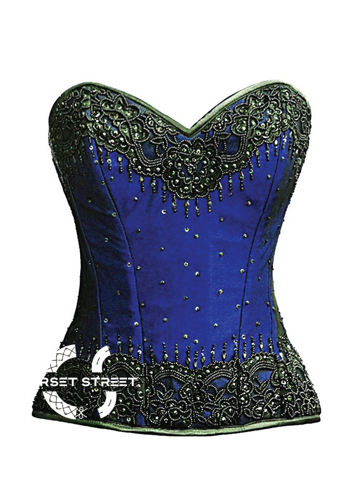 Blue Satin Black Handmade Sequins Gothic Burlesque Bustier Waist Training Overbust Plus Size Corset Costume