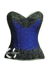 Blue Satin Black Handmade Sequins Gothic Burlesque Bustier Waist Training Overbust Corset Costume