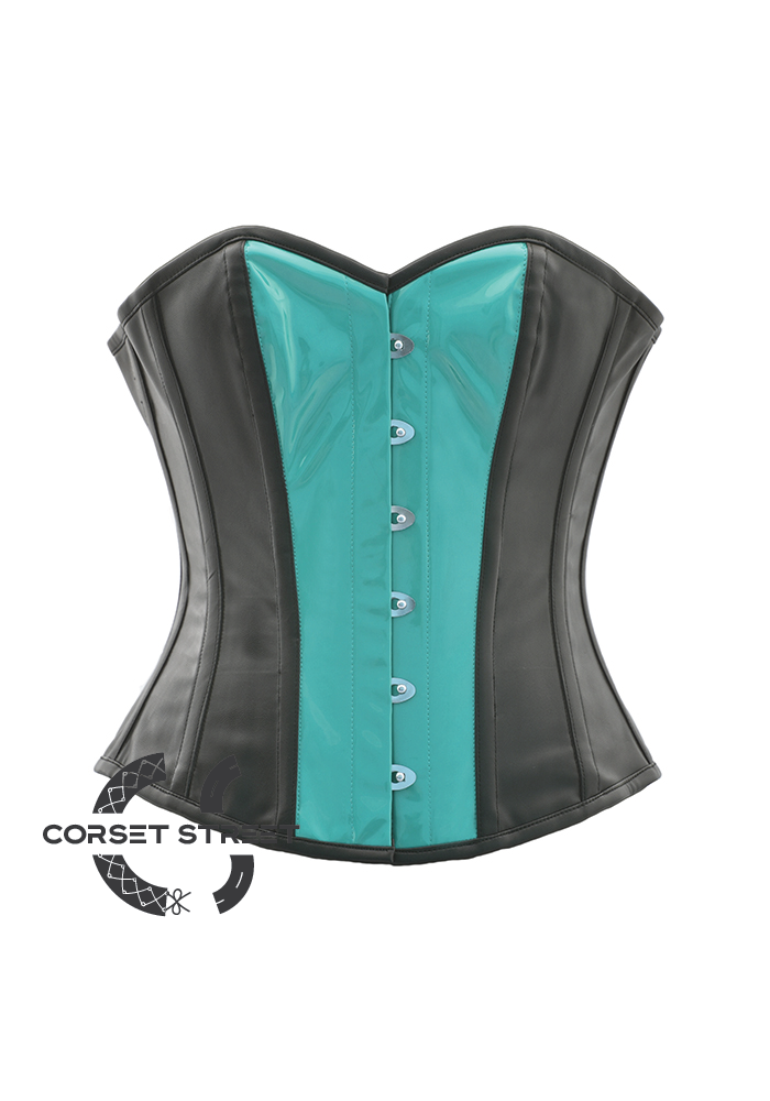Sexy Black Faux Leather & Blue PVC Gothic Steampunk Bustier Waist Training Overbust Plus Size Corset Costume