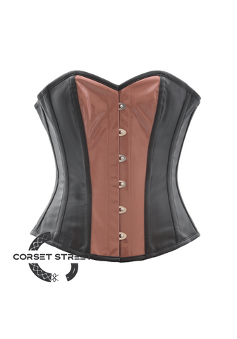 Sexy Black Faux Leather & Brown PVC Gothic Steampunk Bustier Waist Training Overbust Plus Size Corset Costume