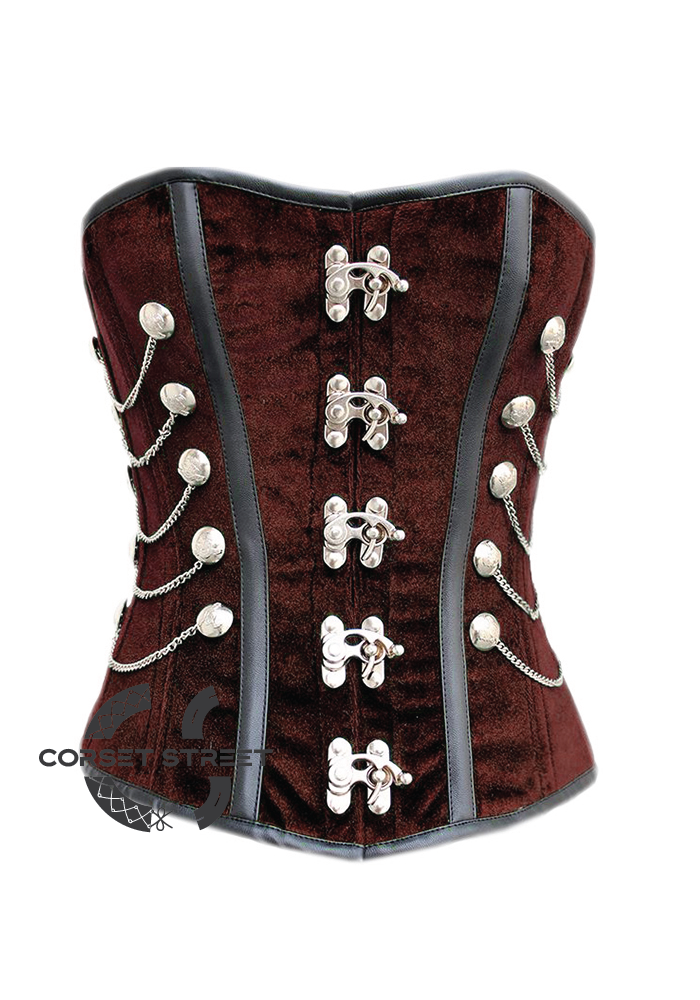 Brown Velvet Black Faux Leather Strips Gothic Steampunk Waist Training Bustier Overbust Corset Costume
