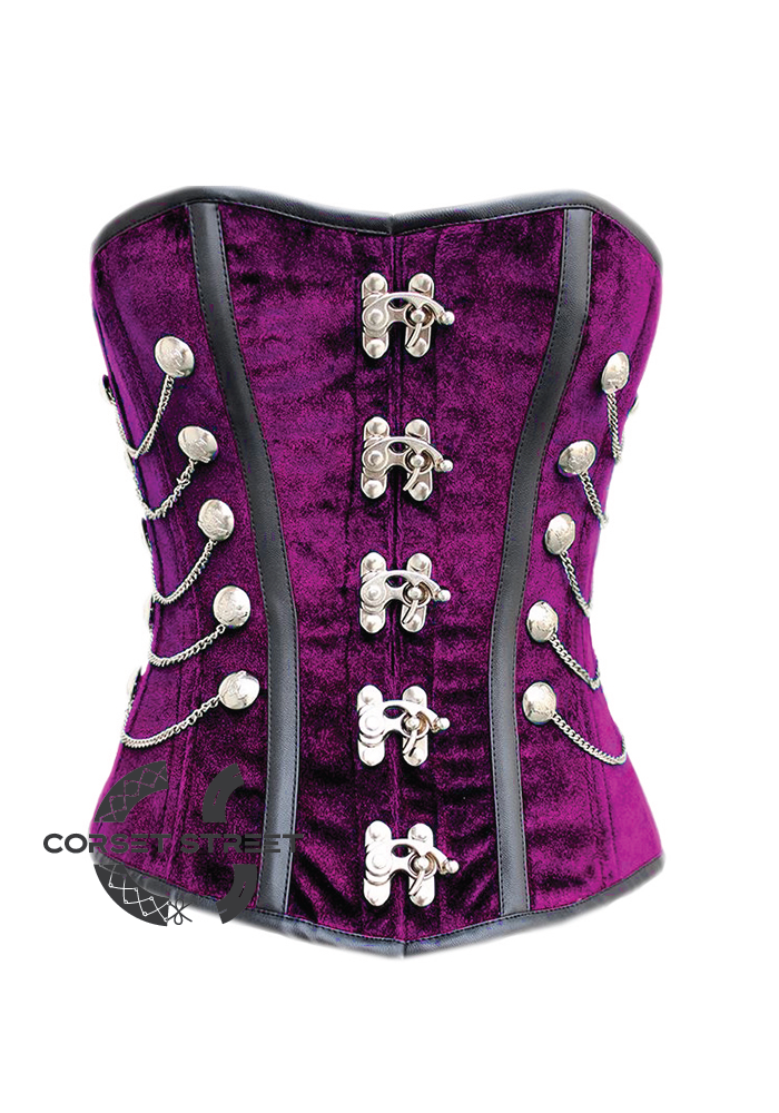 Purple Velvet Black Faux Leather Strips Gothic Steampunk Waist Training Bustier Overbust Plus Size Corset Costume