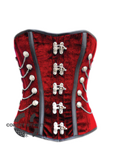 Red Velvet Black Faux Leather Strips Gothic Steampunk Waist Training Bustier Overbust Plus Size Corset Costume