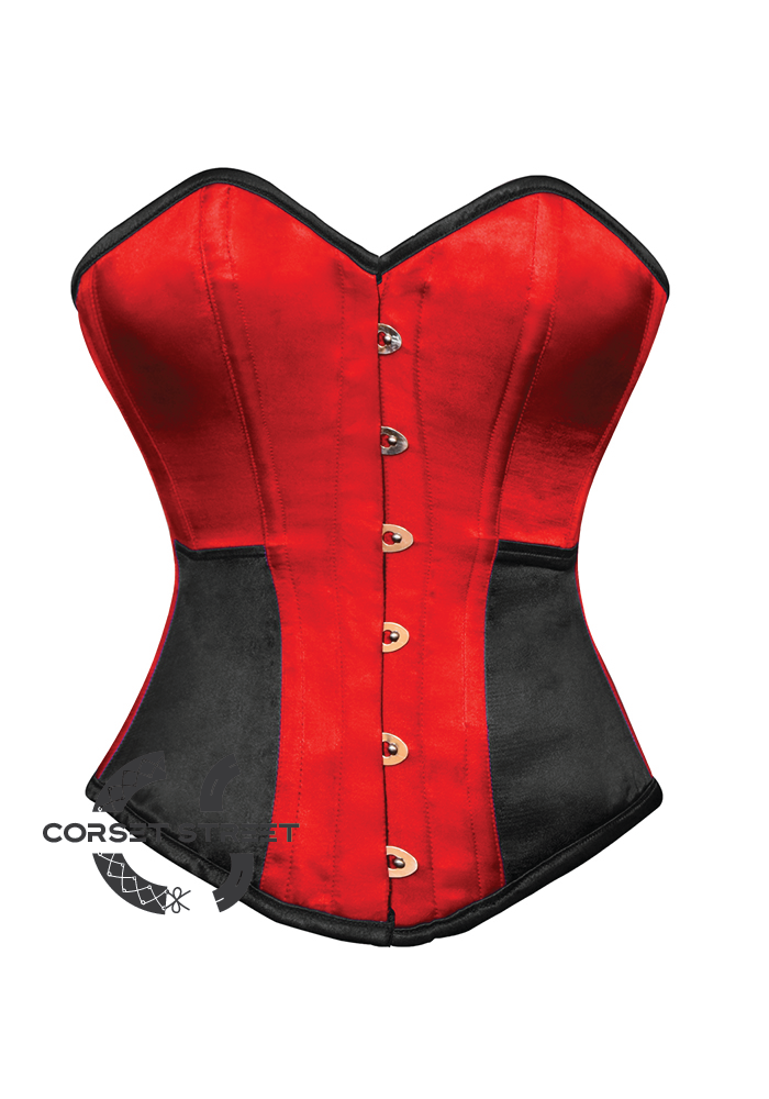 Red & Black Satin Gothic Burlesque Waist Training Bustier Overbust Corset Costume