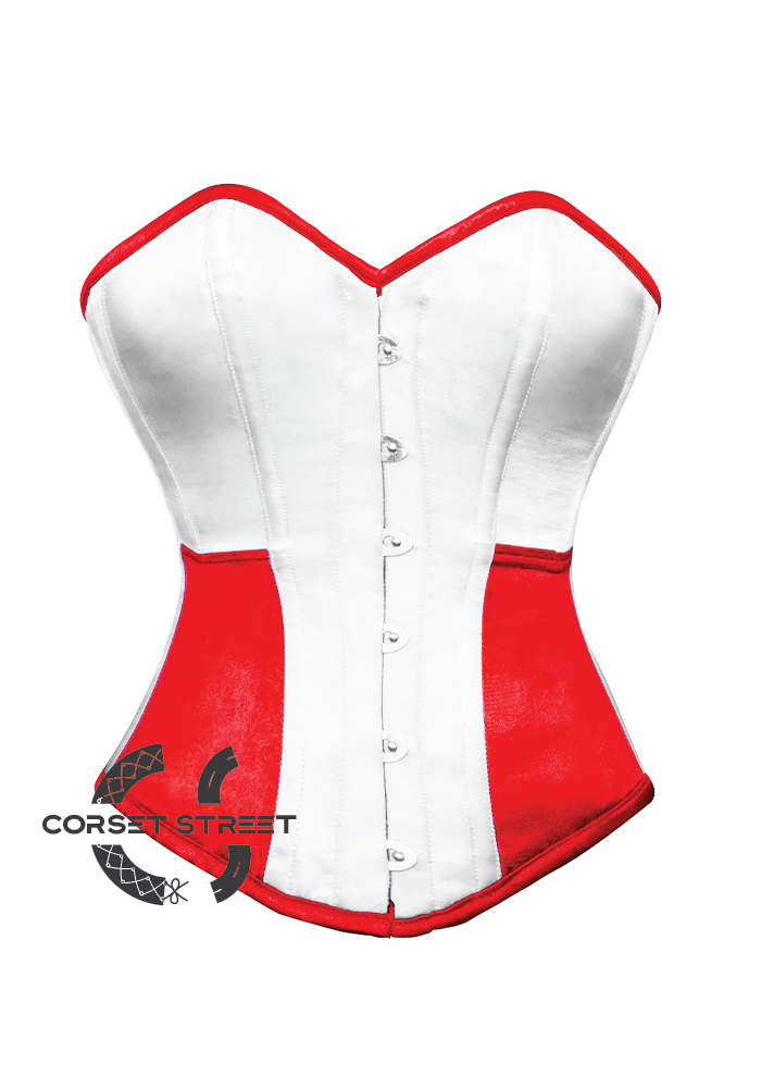 White & Red Satin Gothic Burlesque Waist Training Bustier Overbust Plus Size Corset Costume