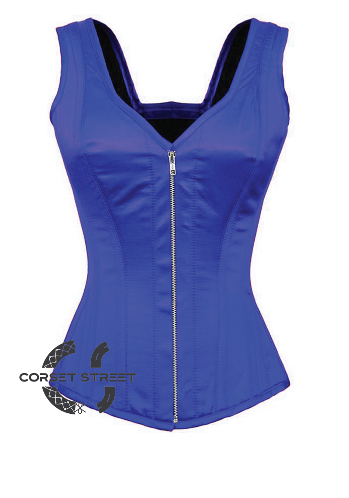 Blue Satin Shoulder Straps Zipper Gothic Burlesque Bustier Waist Training Overbust Plus Size Corset Costume