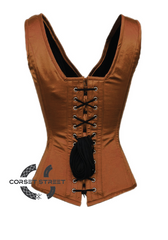 Brown Satin Shoulder Straps Gothic Burlesque Bustier Waist Training Overbust Plus Size Corset Costume