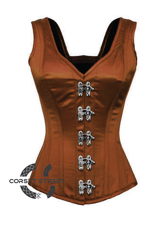 Brown Satin Shoulder Straps Seal Lock Opening Gothic Burlesque Bustier Waist Training Overbust Plus Size Corset Costume