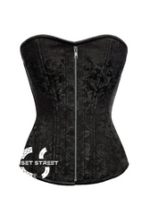 Black Brocade Spiral Steel Boned Corset Silver Zip Front Opening Waist Training Bustier Plus Size Overbust Corset Top