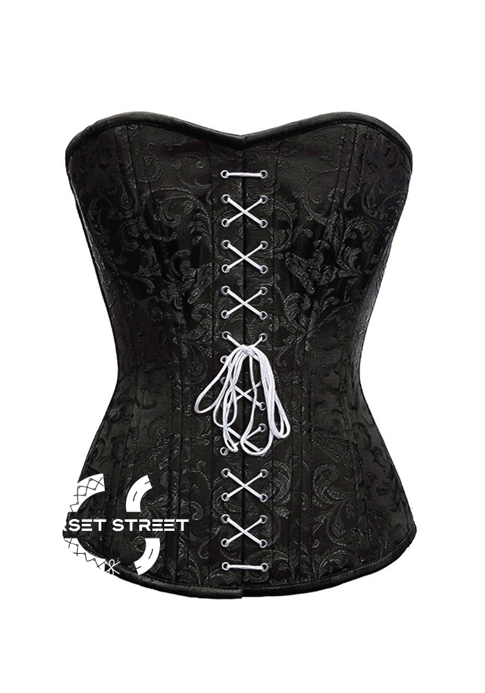 Black Brocade Spiral Steel Boned Corset White Lace Front Opening Waist Training Bustier Plus Size Overbust Corset Top