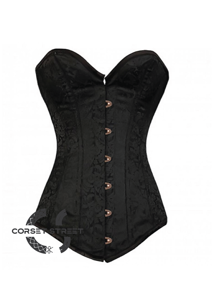 Black Brocade Gothic Burlesque Costume Waist Training Bustier Antique Busk Opening LONGLINE Plus Size Overbust Corset Top