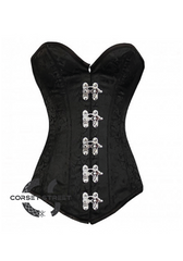 Black Brocade Gothic Burlesque Costume Waist Training Bustier Silver Clasps LONGLINE Overbust Corset Top