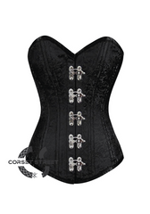 Black Brocade Spiral Steel Boned Corset Goth Burlesque Costume Waist Training LONGLINE Plus Size Overbust Bustier Top