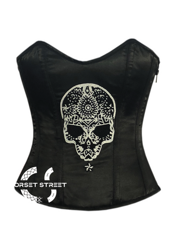 Black Satin Corset Zipper Handmade Sequins Skull Waist Training Overbust Bustier Plus Size Corset Top