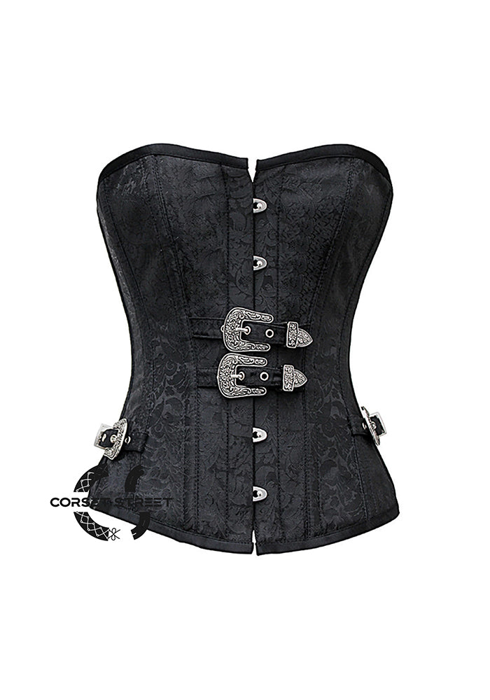 Black Brocade Silver Buckles Gothic Costume Waist Training Bustier Overbust Corset Top