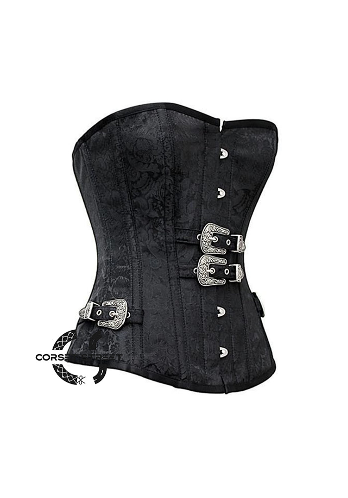 Black Brocade Silver Buckles Gothic Costume Waist Training Bustier Overbust Corset Top