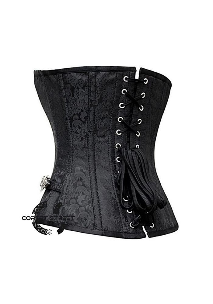 Black Brocade Silver Buckles Gothic Costume Waist Training Bustier Overbust Corset Top