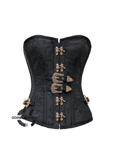 Black Brocade Antique Buckles Gothic Costume Waist Training Bustier Overbust Corset Top