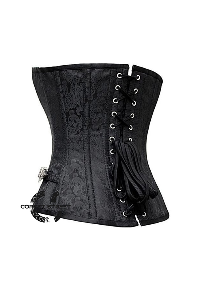 Black Brocade Antique Buckles Gothic Costume Waist Training Bustier Overbust Corset Top