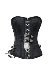 Black Brocade Front Lace Gothic Costume Waist Training Bustier Overbust Corset Top