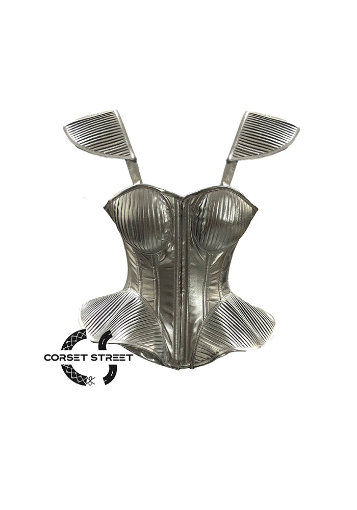 Silver Leather Overbust Corset with Shoulder Pads