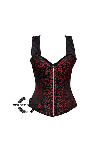 Red and Black Brocade With Shoulder Strap Steampunk Overbust Corset