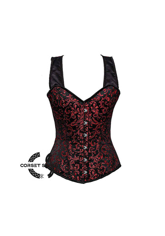 Red and Black Brocade With Shoulder Strap Steampunk Overbust Corset