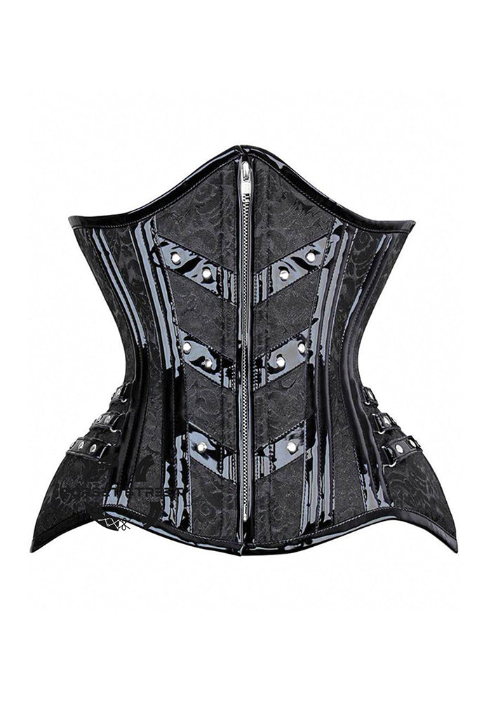 Black PVC Leather and Brocade Steampunk Costume Underbust Corset