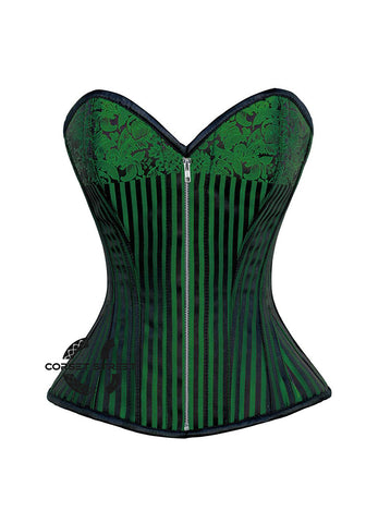 Green And Black Brocade Silver Zipper Steampunk Overbust Costume Corset
