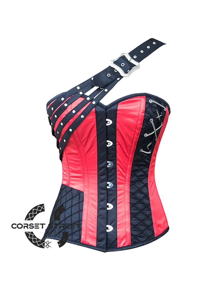 Red and Black Satin Gothic Steampunk Costume Overbust Plus Size Bustier Top