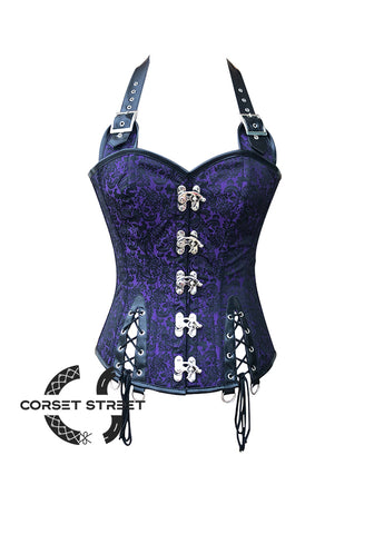 Black and Purple Brocade with Leather Strap Halter Neck Gothic Steampunk Overbust Plus Size Bustier Top