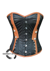 Black Satin Brown Leather Steampunk Costume Overbust Corset Top