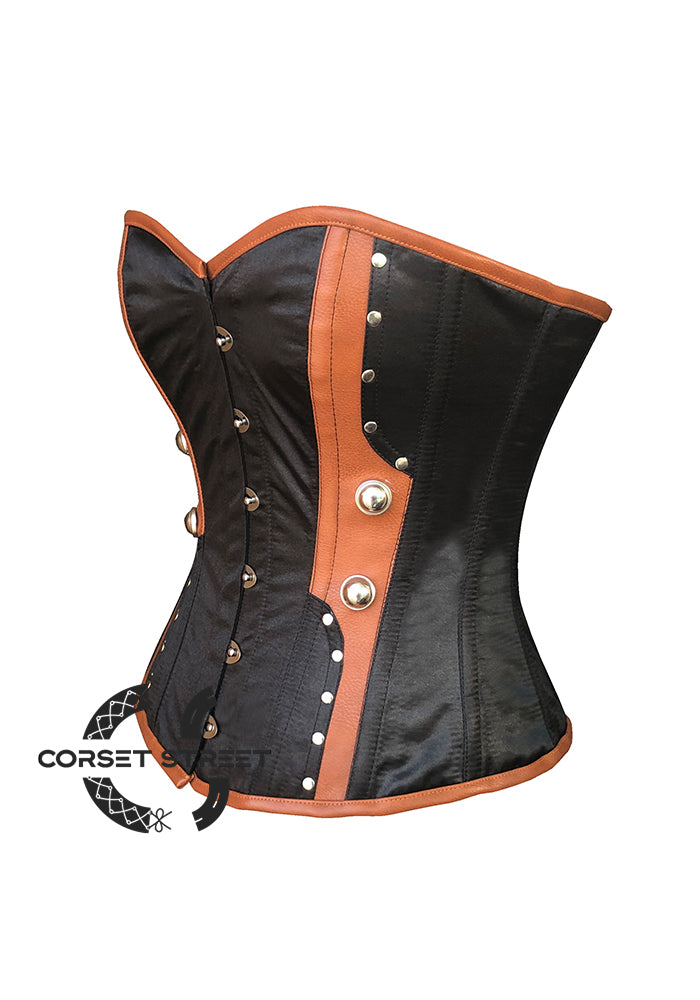 Black Satin Brown Leather Steampunk Costume Overbust Plus Size  Corset Top