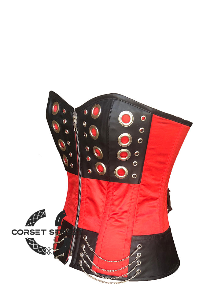 Red and Black Satin with O-Rings Steampunk Costume Overbust Corset Top (Copy)