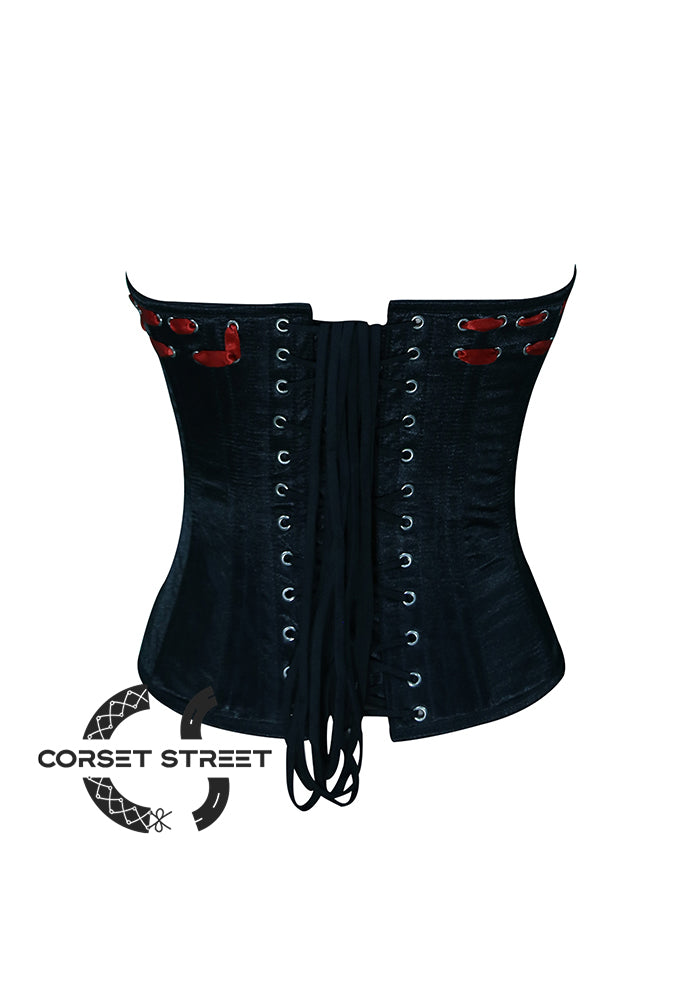 Black Satin With Red Lacing Overbust Gothic Corset Burlesque Plus Size Costume Top