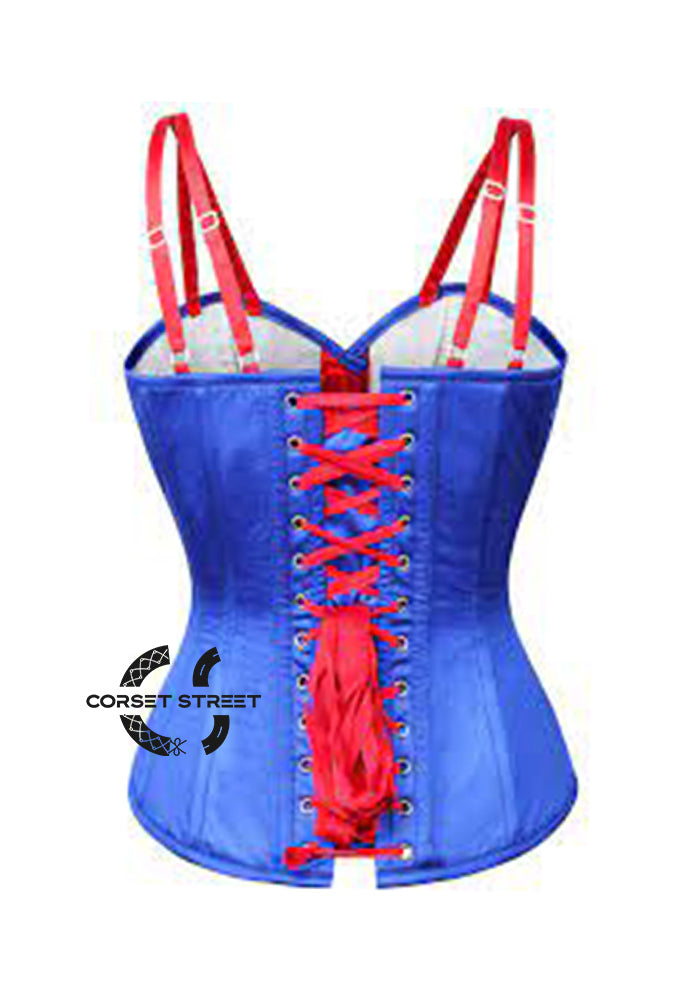 Blue And  White Satin With Red Sequins UK Flag Goth Burlesque Overbust Corset With Red Stripes