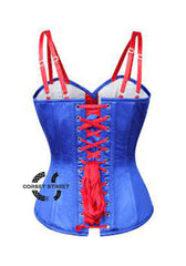 Blue And  White Satin With Red Sequins UK Flag Goth Burlesque Overbust Corset With Red Stripes