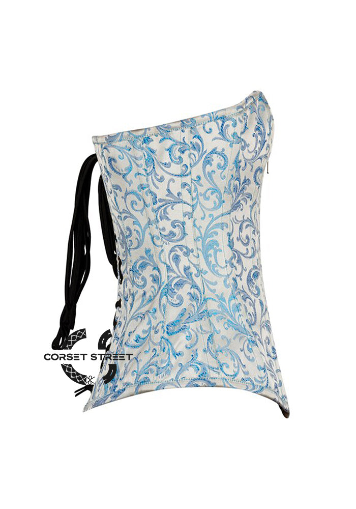 Blue And White Brocade Front Zipper Gothic Overbust Plus Size  Corset Bustier Waist Cincher