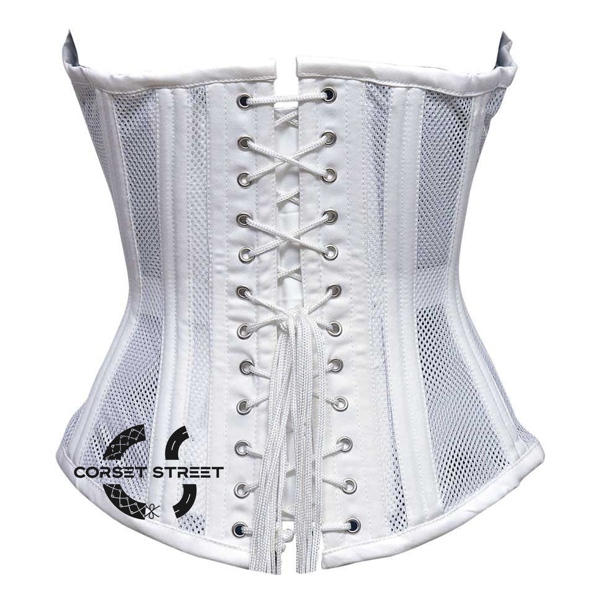 White Satin With Mesh Front Seal Lock Double Bone Burlesque Gothic Overbust Corset Bustier Top